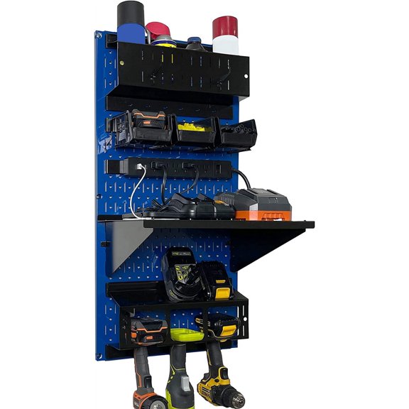 Wall Control Power Tool Storage Organizer Kit Cordless Drill Holder Charging Station Rack 16” x 32” Metal Pegboard Organization System (Blue Pegboard)