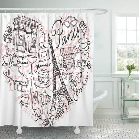 - KSADK Pink Eiffel Paris Doodle in Heart Shape Sketch Tower Clipart Sweet Couple Holiday Shower Curtain 66x72 inch