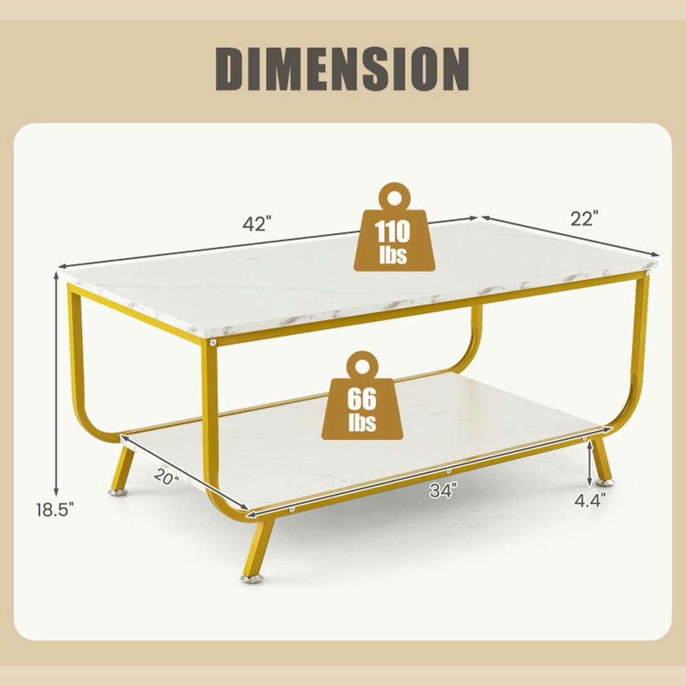 Finihen Coffee Table, Faux Marble Coffee Table, 2-Tier Faux Marble Top Rectangular Coffee Table with Metal Frame, for Living Room, Reception Room, White Finihen Coffee Table, Faux Marble Coffee Table, 2-Tier Faux Marble Top Rectangular Coffee Table with Metal Frame, for Living Room, Reception Room, White