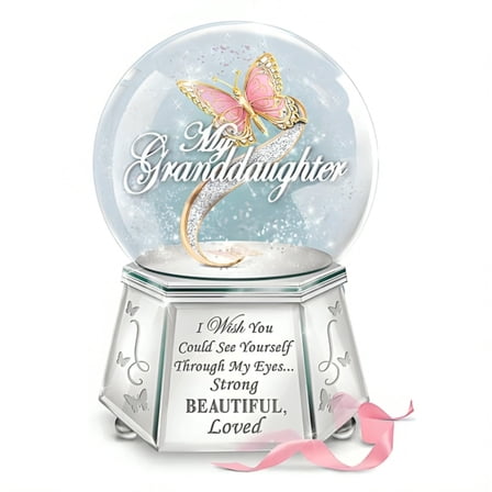 The Bradford Exchange See Yourself Through Granddaughter Mirrored Musical Butterfly Glitter Globe Shimmers Silvery & Hexagonal Base Meaningful Gift 6-inches