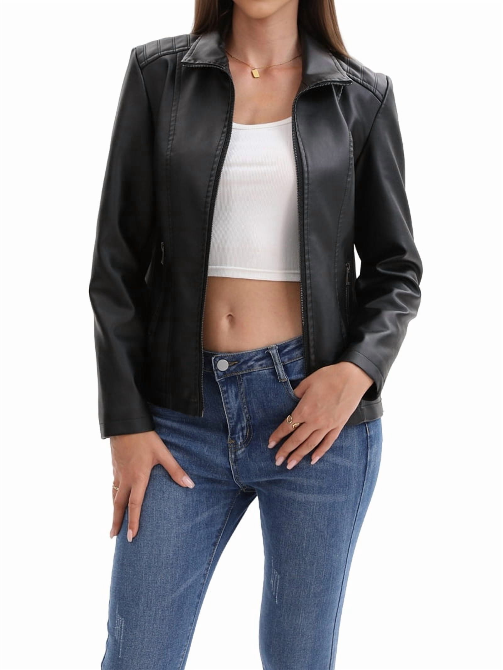 Faux Leather Jacket for Women Fashion Zip Up Coat Trendy Going Out Jackets