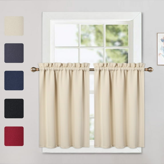 Haperlare 26"Wx30"L Beige Blackout Kitchen Curtains Room Darkening Light Blocking Short Curtains for Small Window Cafe Bathroom Basement, Set of 2