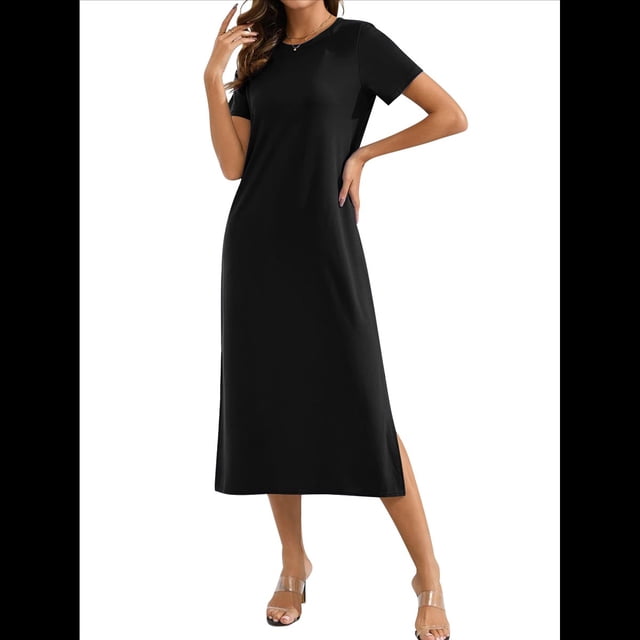 Vestido Holgado de Verano para Mujer, Cuello Redondo, Informal, con Abertura, Antiarrugas y Bolsillos. Negro M