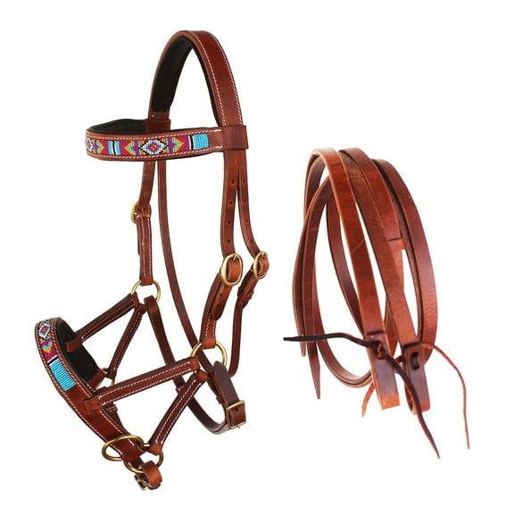 Horse Western Leather Beaded Bitless Sidepull Bridle Reins 77RS15TN-F