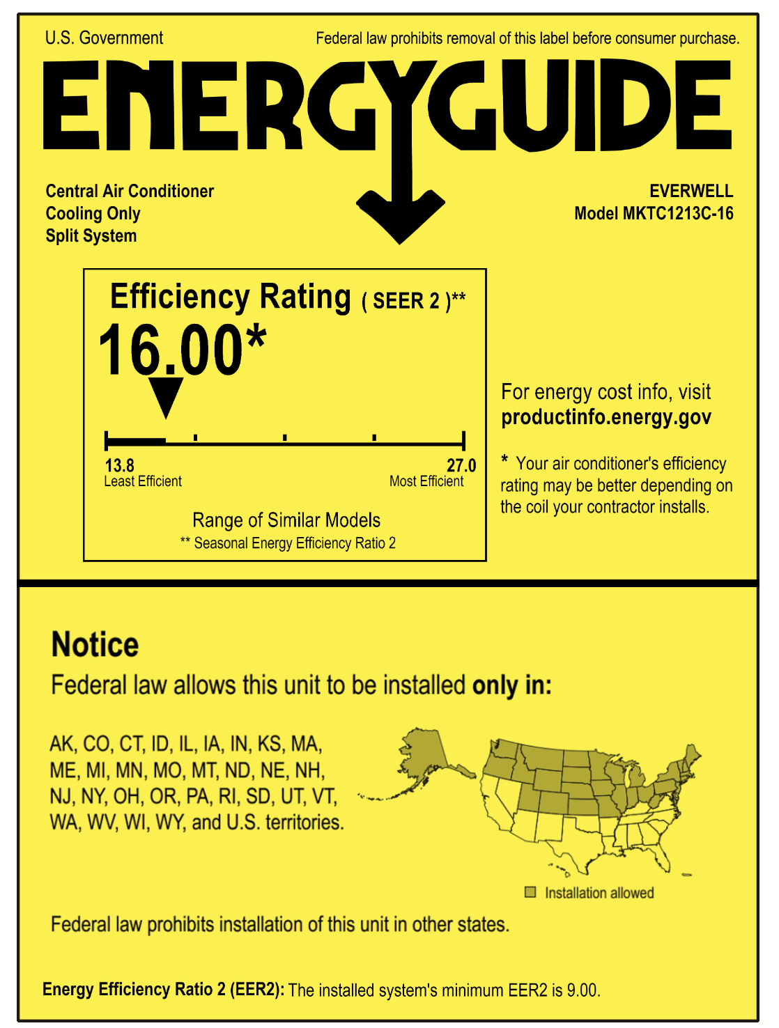 Everwell 12000 BTU AC Mini Split 17 SEER2 Inverter Ductless Only Cold System 110V