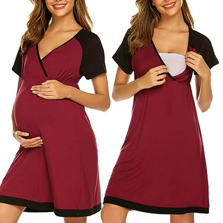 

CTEEGC Maternity Dresses Women Splicing Short Sleeve Breast-Feeding Pregnant Maternity Dress on Clearance