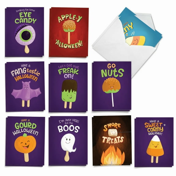 20 Halloween Note Cards Pack (10 Designs, 2 Each) - Trick or Treat Puns (4" x 5.12") AM8851HWG-B2x10