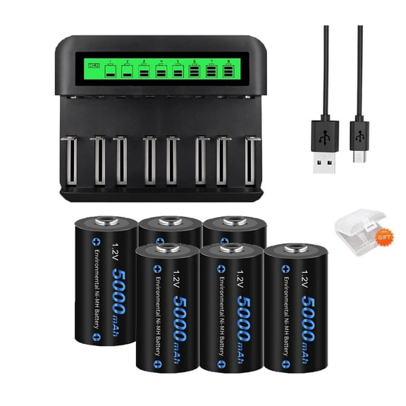 CITYORK C Size Battery with Charger, 6 Pack C Cell Ni-MH 1.2V Rechargeable Batteries with 8 Slots Intelligent Fast LCD Indicator USB Battery Charger For 1.2V AA AAA C D Size Ni-MH Batteries
