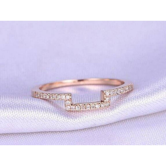 0.50 Carat 10k Rose Gold Wedding Band with Moissanite Diamonds Anniversary Ring Curved Stretch Design Antique Style Band