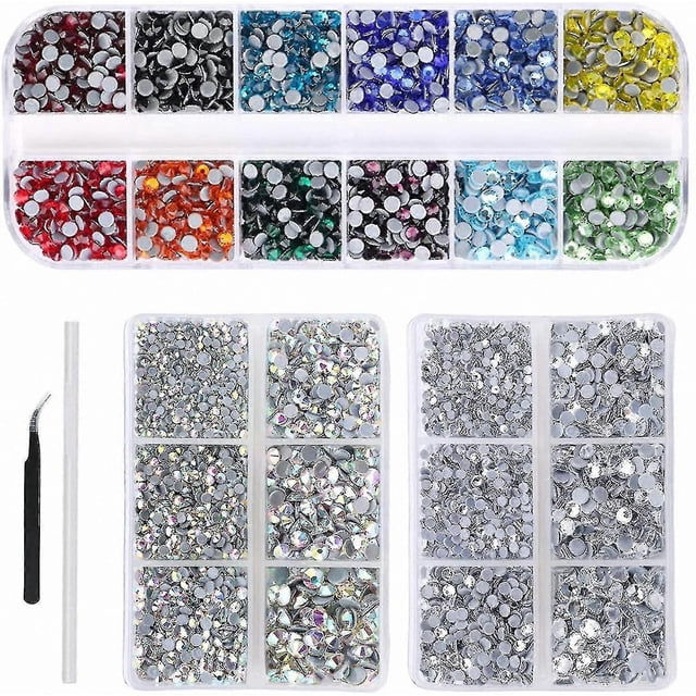 Crafting Rhinestones Set, Round Flat Back Glass Stones, Clear & Transparent AB, 6 Sizes 12 Colors for DIY Projects