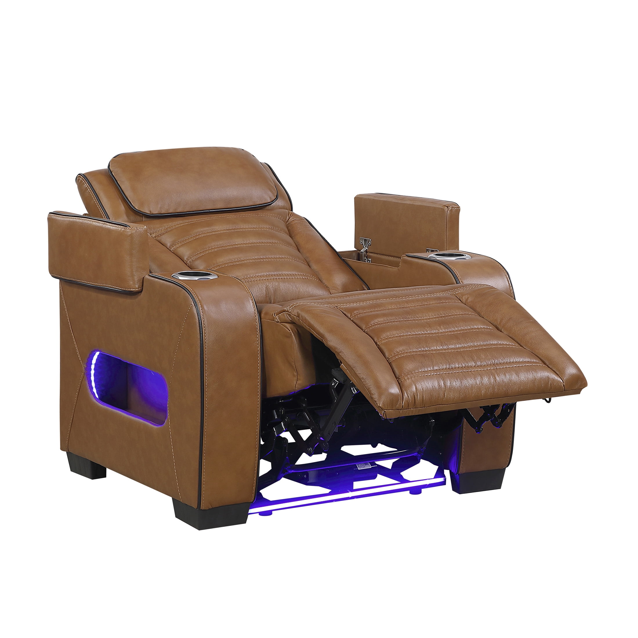 OakvillePark Elantra Leather Match Power Reclining Chair with Power Headrest/Cup holder/Storage Arms/Air Massage/Heat/LED Lighting and Charging Port, Brown