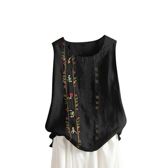 Taqqpue Summer Cotton Linen Tank Tops for Women Casual Solid Color Crew Neck Buttons Sleeveless Shirts Loose Fit Trendy Cute Floral Print Embroidered Blouse Tops