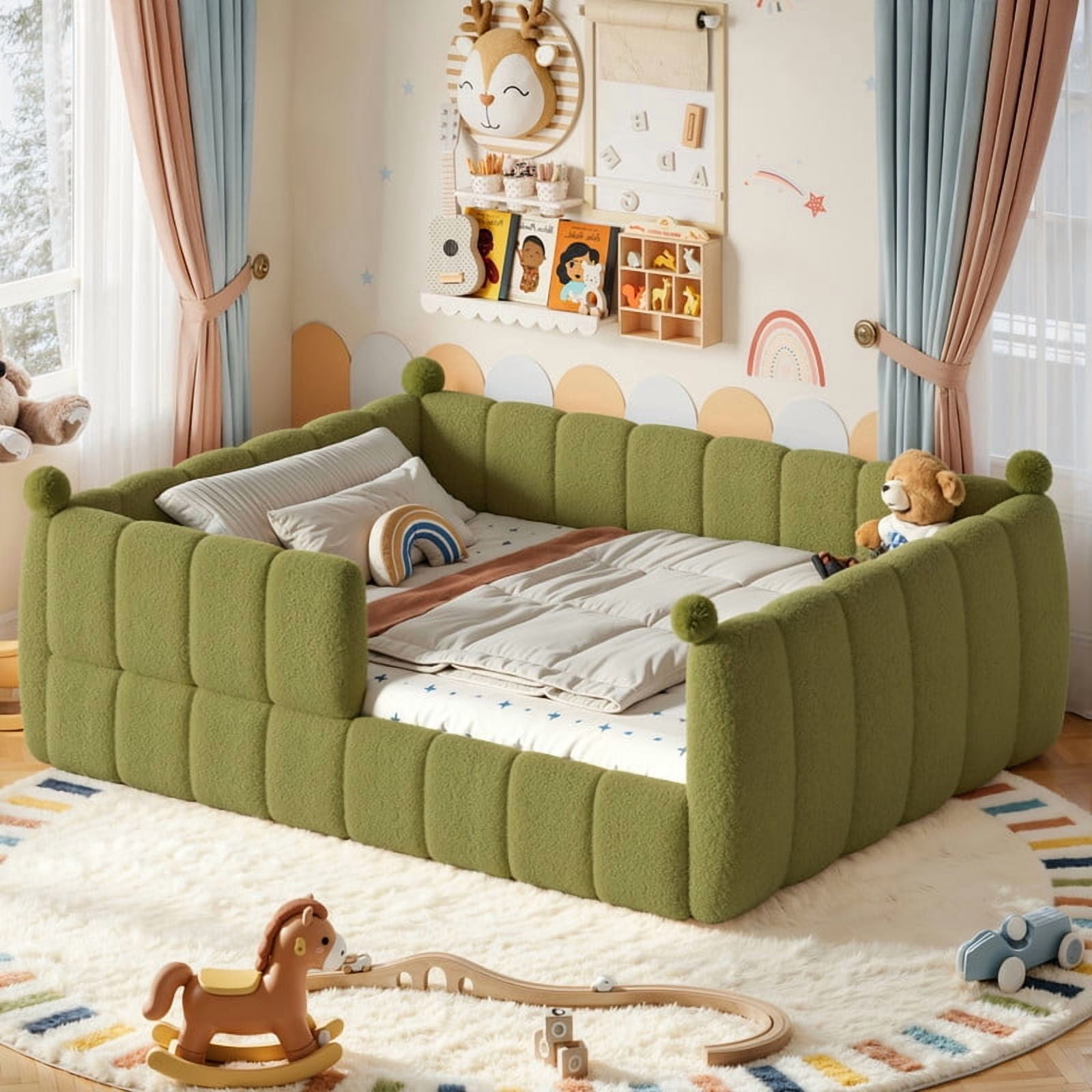 Howcool Montessori Upholstered Floor Bed,Queen Size Low Toddler Bed with Full Surround Safety Rails, Green