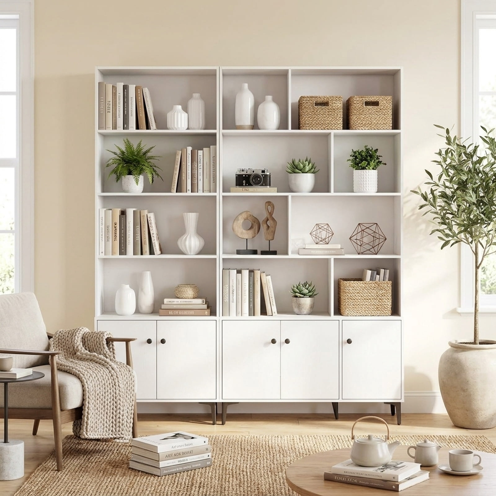 Furnibear Giantex Bookshelf with Doors and 2 Anti-Tipping Kits for Home Office for Living Room Home Office Bedroom Display Storage Shelf, White