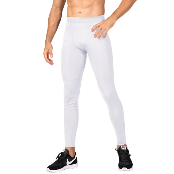 Toptie Men's Compression Pants, Zipper Pocket Sports Leggings, Base Layer Workout Pants-White-2XL