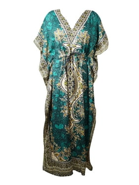 Mogul Teal Green Women Long Caftan Printed Kimono Beach Wear Summer Kaftan Dress One Size