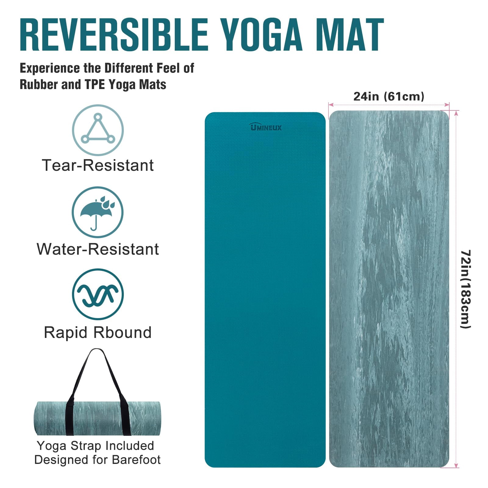Umineux Extra Thick Yoga Mat, 72" x 24" x 0.4", Natural Rubber and TPE Non-Slip