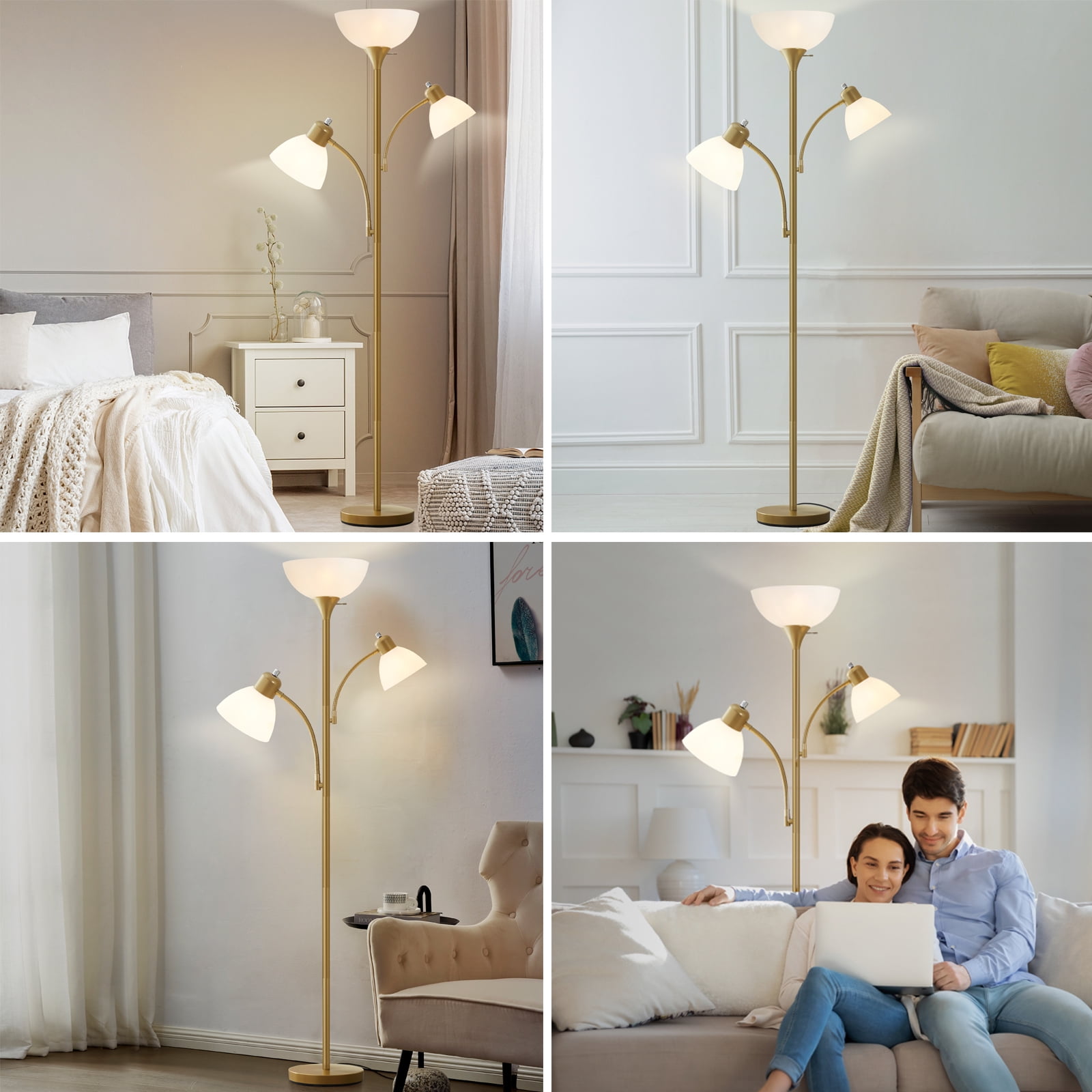 NATYSWAN Torchiere Floor Lamps for Living Room, 3 Light Tree Floor Lamp, Gold Modern Tall Standing Lamps, Industrial Bright Floor Lamp for Bedroom, Office, Dresser, 3 LED Bulbs Included