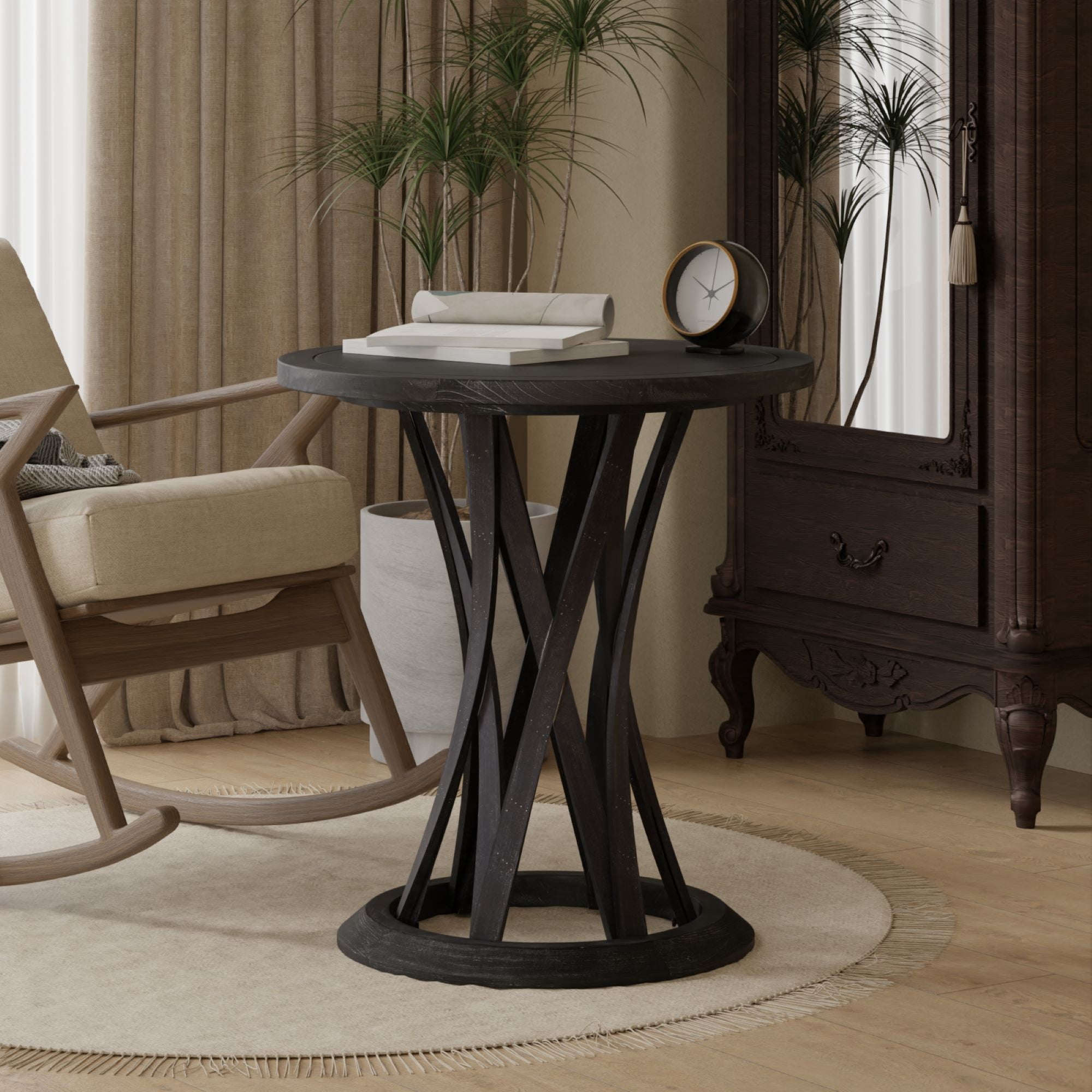 COZAYH Round Farmhouse End Table with Crisscross Pedestal Base, Distressed Finish Side Table Rustic Accent Table for Living Room, Pine Wood, Black