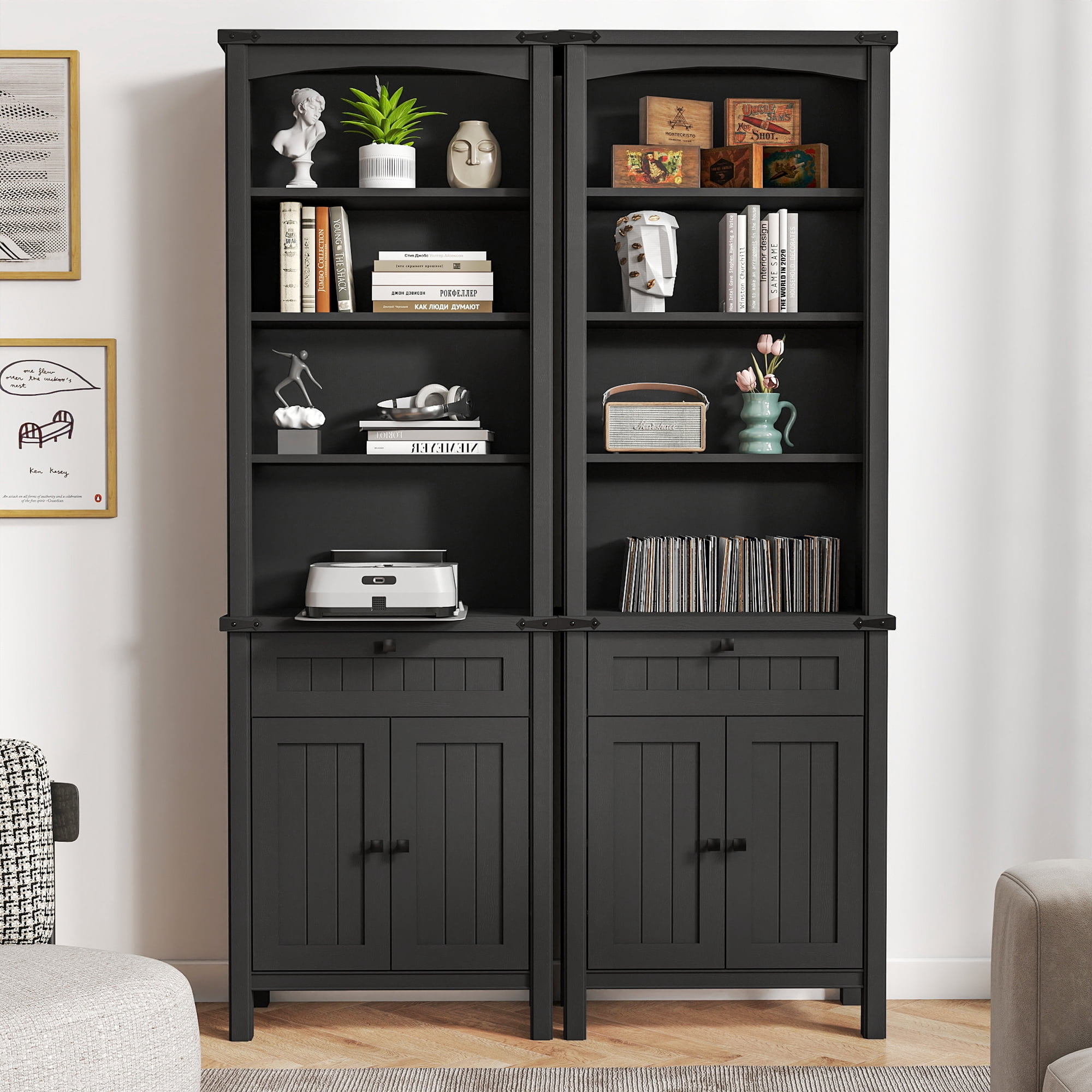 FIAKOA 3 PC Home Office Desk Set, Executive Office Desk Set with Charging Station & Bookshelf Set , Black