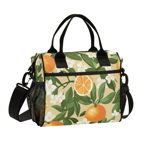 Ckdifva Oranges Green Leaves Flowers Cooler Bag Cooler Cooling Tote Lunch Bag Lunch Box Front Pocket with Shoulder Strap