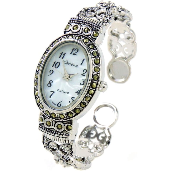 Black  Style Marcasite  Oval  Women's Bangle Cuff Watch