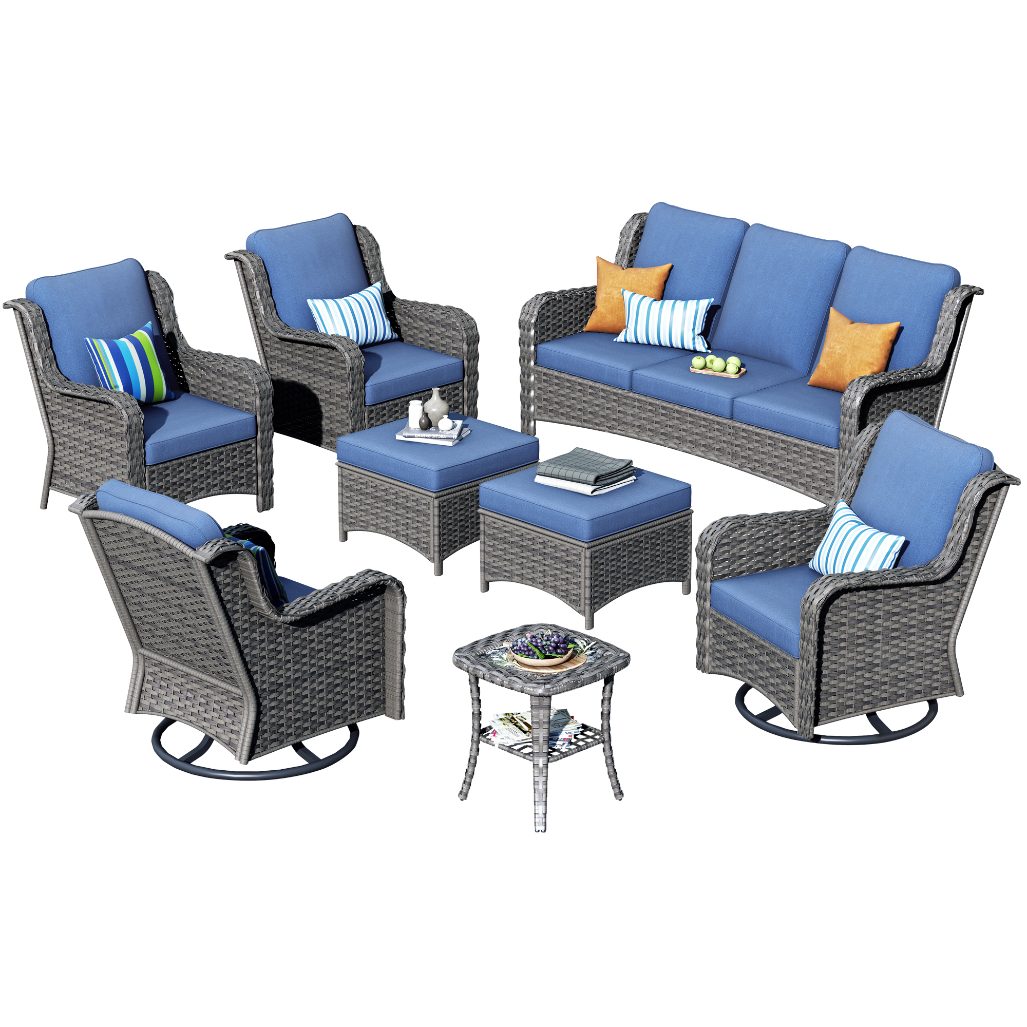 Ovios 8 Pieces Outdoor Patio Furniture with Swivel Chairs Wicker Patio