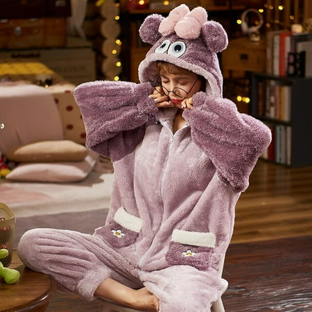 

DanceeMangoo Winter Pyjamas Woman Sleepwear Pajamas Packed Trend Plush Nonopnd Thicken Partysu Medium Style Hooded Loose Version Video Zip