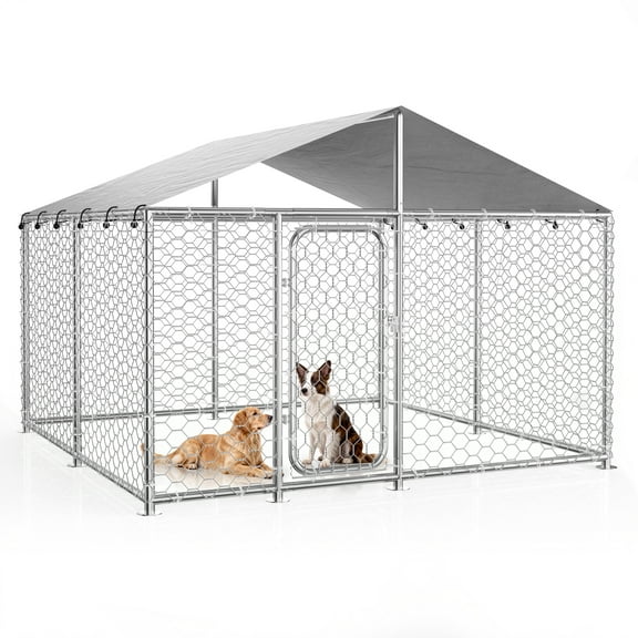 YOKWOK 7.5x7.5ft Outdoor Dog Kennel Heavy Duty Metal Dog Pet Enclosure, with Galvanized Steel Fence and Metal Gate, UV Waterproof Sun Resistant Roof Cover and Secure Lock