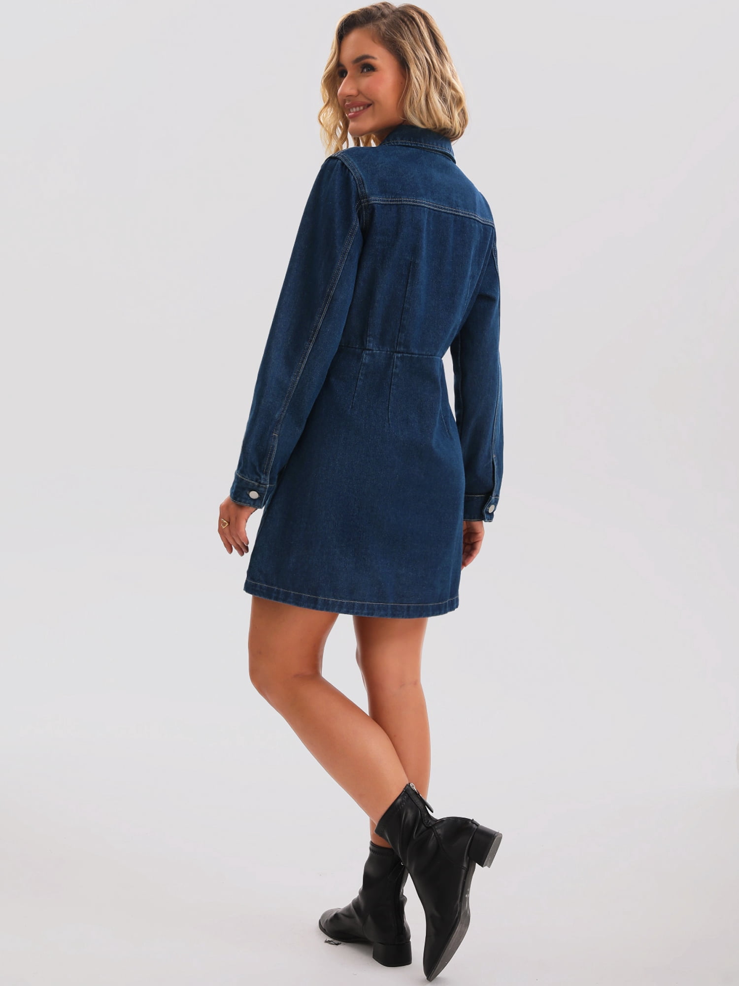 DARING DIVA Women's Button Down Collared Long Sleeve A-Line Jean Dress 2XL Dark Blue