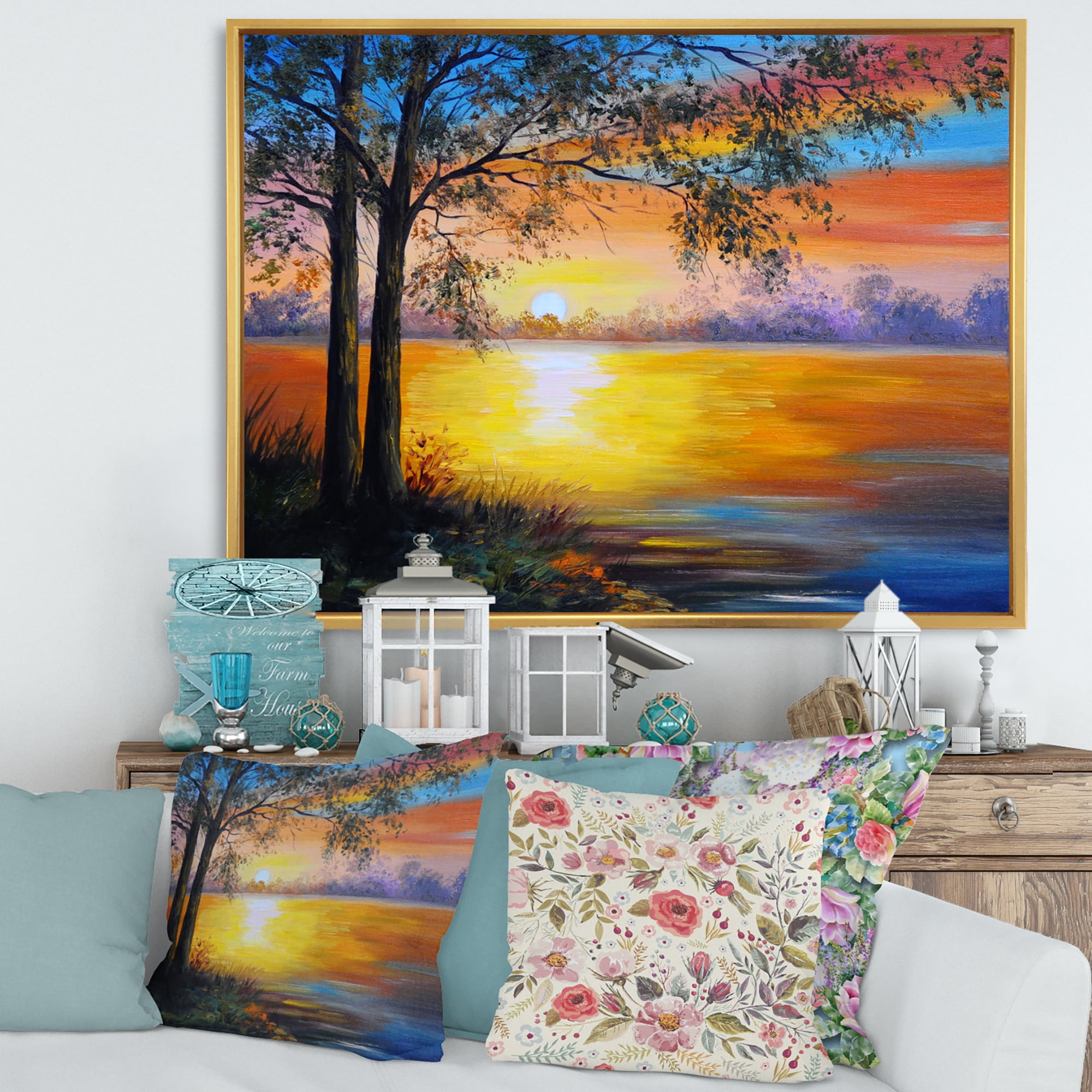 Designart 'Tree Near The Lake in Evening' Traditional Framed Canvas Wall Art Print