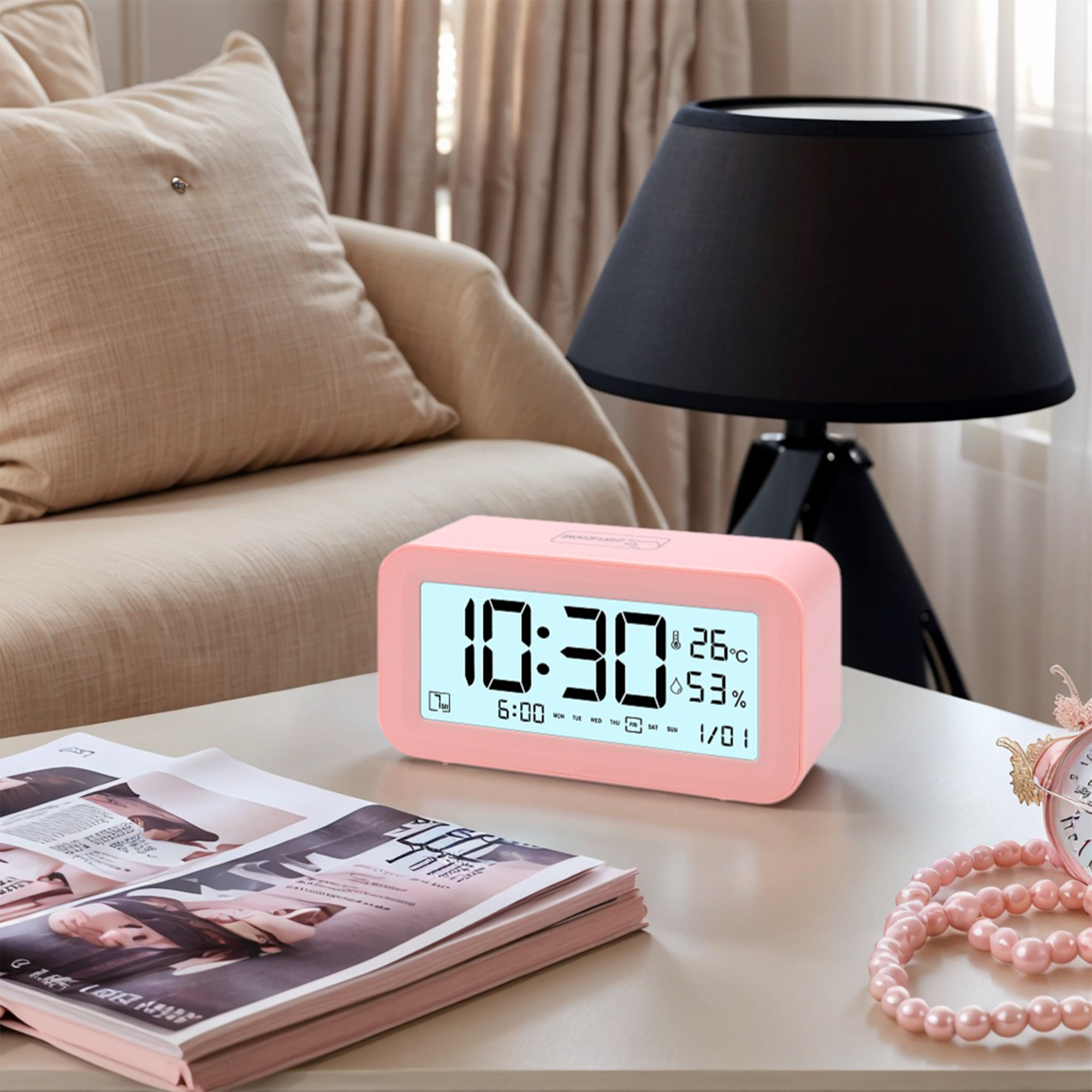 Unique Bargains Adjustable Volume Electric Alarm Clock Pink 5.7"L x 2.0"W x 3.3"H