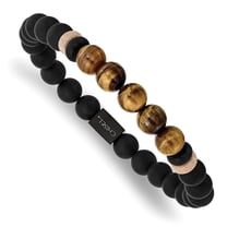 Primal Steel Stainless Steel Brushed Black IP-plated Black Agate and Tiger's Eye Stretch Bracelet