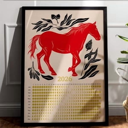 Lunar Calendar 2026 Red Horse, Year of the Red Horse Wall Art, Moon Phases Printable Calendar, Chinese Zodiac Astrology Decor , Poster Home Decor, Poster Only