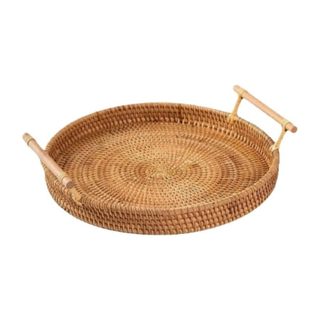 

Christmas Decor Hand Woven Rattan Serving Tray Decorative Round Storage Plate With Handles Rustic Breakfast Fruit Snack Coffee Tea Baskets