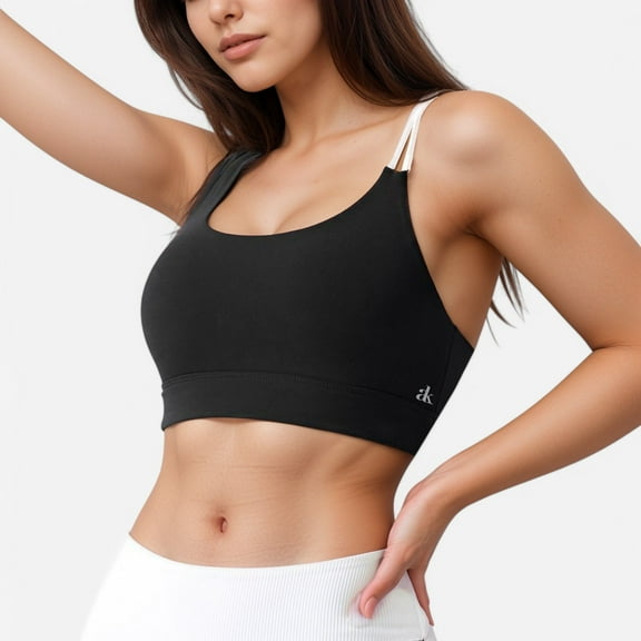 Women's Scoop Neck Sports Bra with Double Strap Design - Large, Black