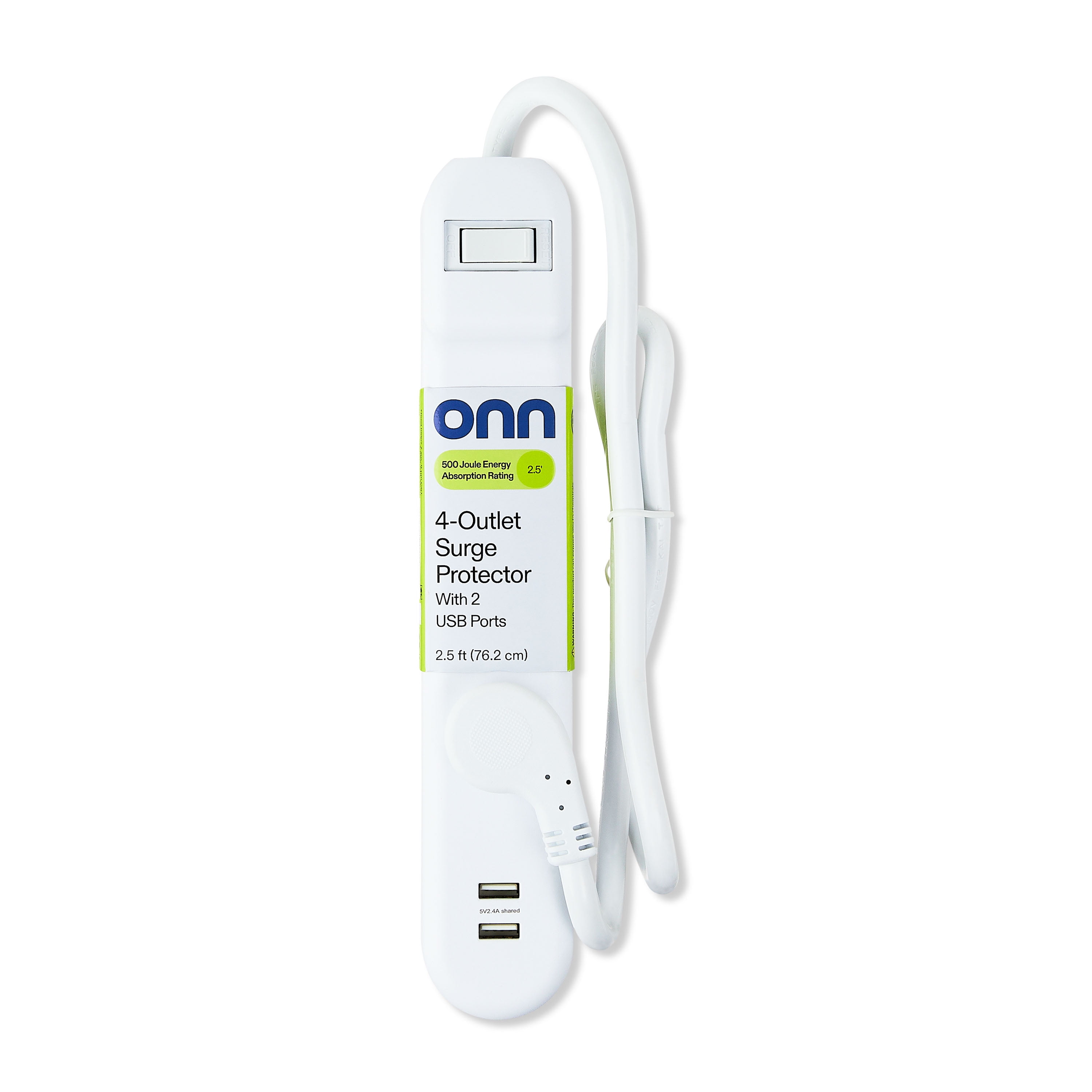 onn 4-Outlet 2USB Surge Protector White 2.5ft Power Cord