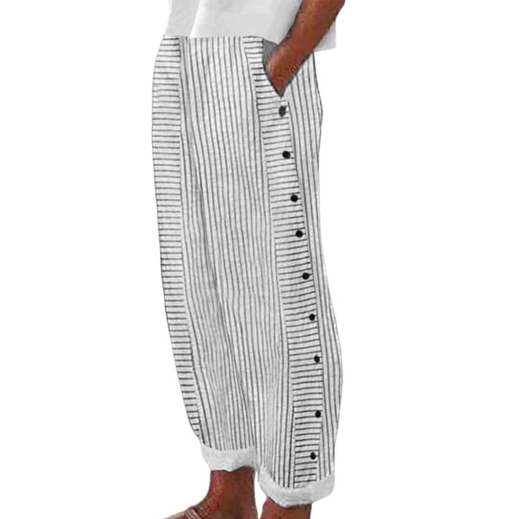 FINALGANG Womens Striped Barrel Ankle Pants With Side Button Details Elastic Waist For Casual Daily Wear Summer Errands Weekend Outings White