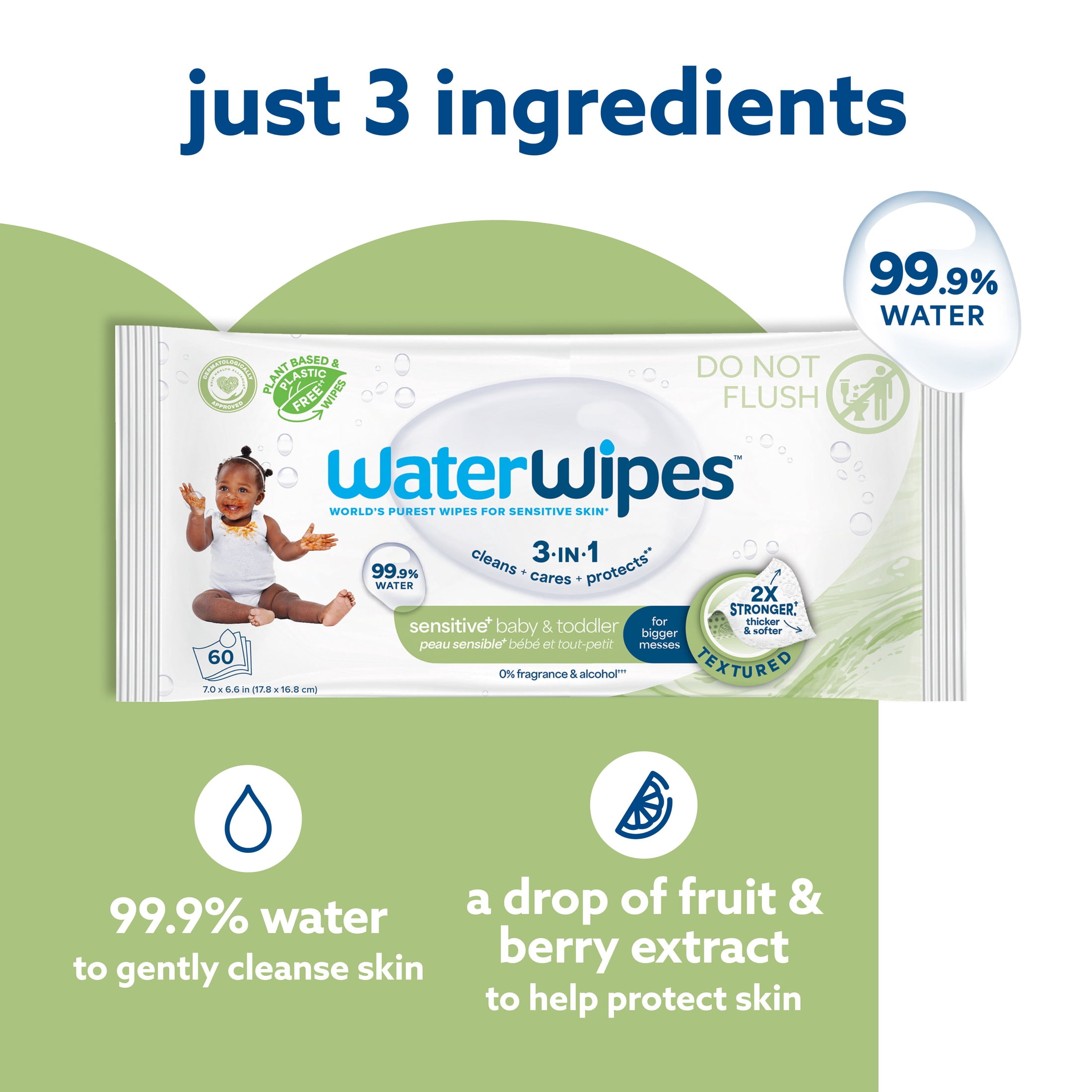 WaterWipes Sensitive Baby & Toddler Wipes, 99.9% Water, Textured Clean, Unscented & Hypoallergenic, 9 Packs (540 Wipes)