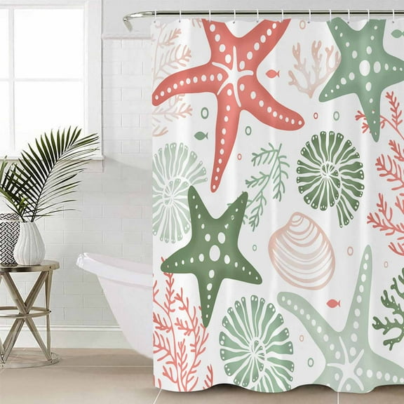 Red Sage Green Starfish Coastal Bathroom Curtain 72 Inch Shower Curtain with Hooks, Beach Nautical Coral Sea Waterproof Polyester Bath Curtain Washable Bathtub Curtain 48''x 72''