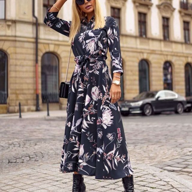 Vestido de manga larga con estampado floral y botones hasta el tobillo con tiras y vestido largo de moda para dama