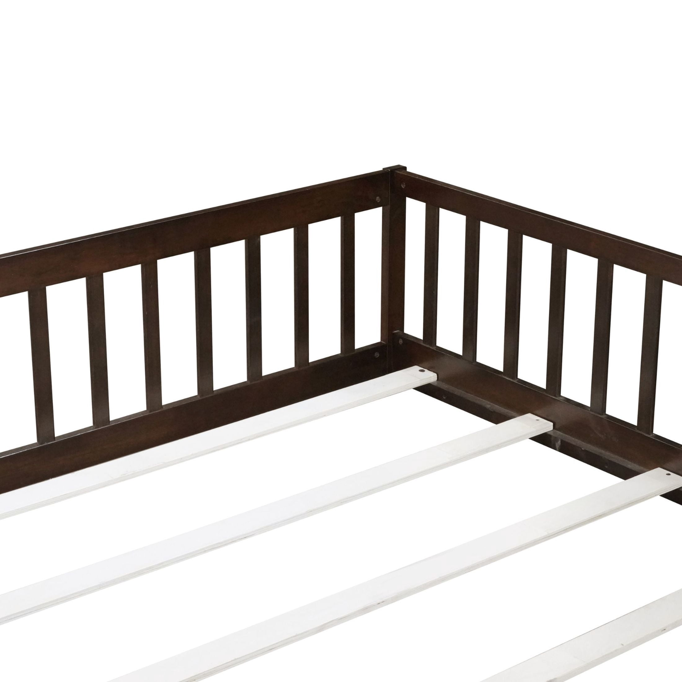 Noble House Queen Size Floor Bed, Solid Rubber Wood Frame with Fence, Door, Guardrails & Slat Support, Espresso