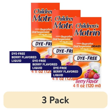 (3 pack) Children’s Motrin Dye-Free, Oral Suspension Liquid, Ibuprofen, Pain Reliever, Berry Flavor 4 Fl oz
