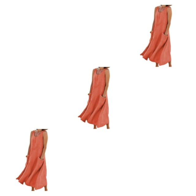 pitrice Robe d'Été en Coton et Lin pour Femmes Sans Manches Col Rond Style Vintage Boho Plage Couleur Unie Kaftan Ample Usage Quotidien Orange/TTG 3Ensemble