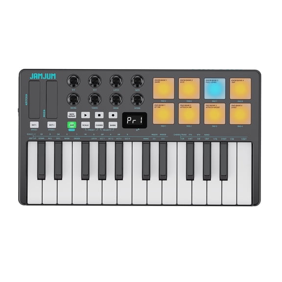 25-Key USB MIDI Keyboard Controller with 8 Backlit Drum Pads & 8 Assignable Knobs for Music Production, Compatible with Mac/PC/iOS DAW Software