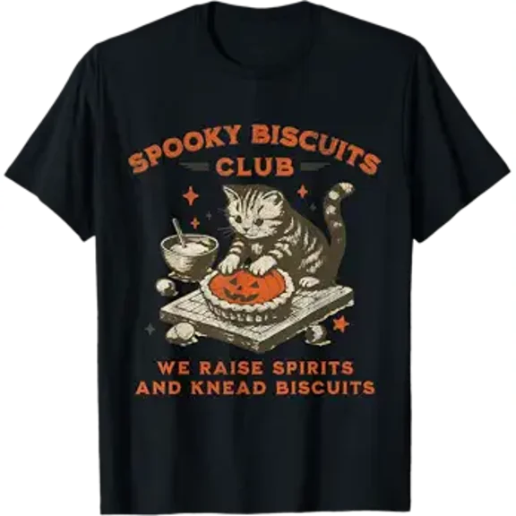 Spooky Biscuits Club Cat, Funny Halloween Baking Tee T-Shirt Shirts