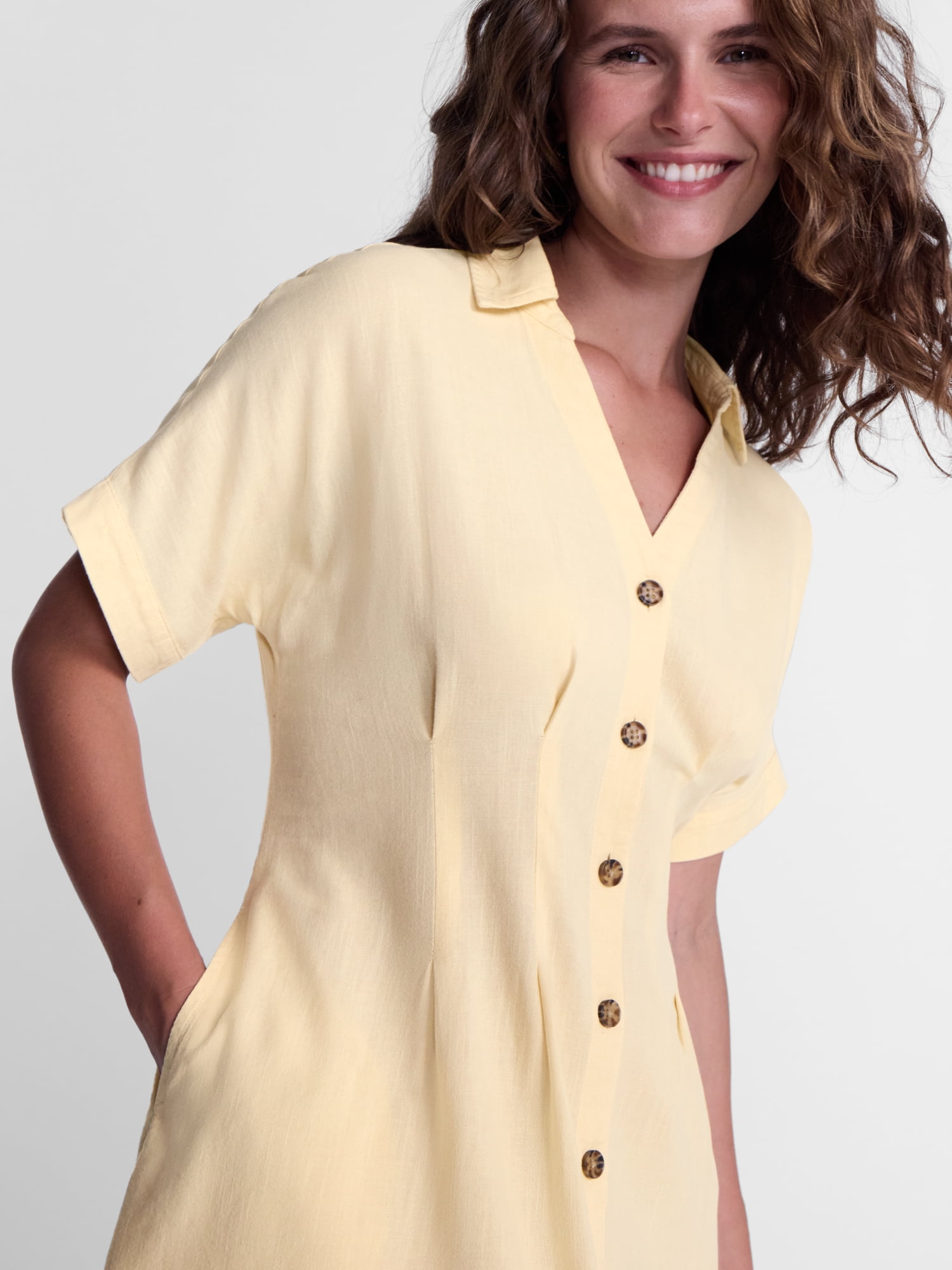 Time and Tru Women's Linen Blend Pleated Mini Shirtdress with Short Sleeves, Sizes XS-XXXL