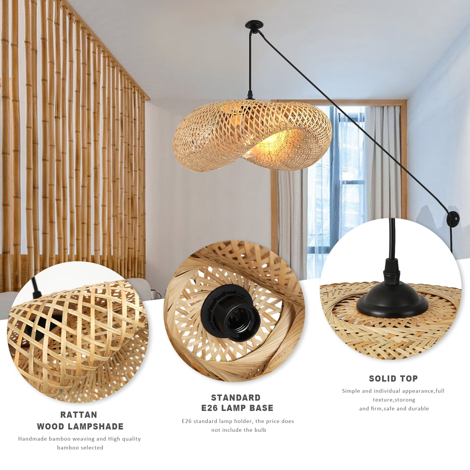 Woven Bamboo Plug in Pendant Light for Kitchen Island, Industrial Wicker Ceiling Hanging Lamp, Rattan Lamp Shade Basket Chandelier Bamboo Light Fixture for Living Room Dining Room Bar Restaurant