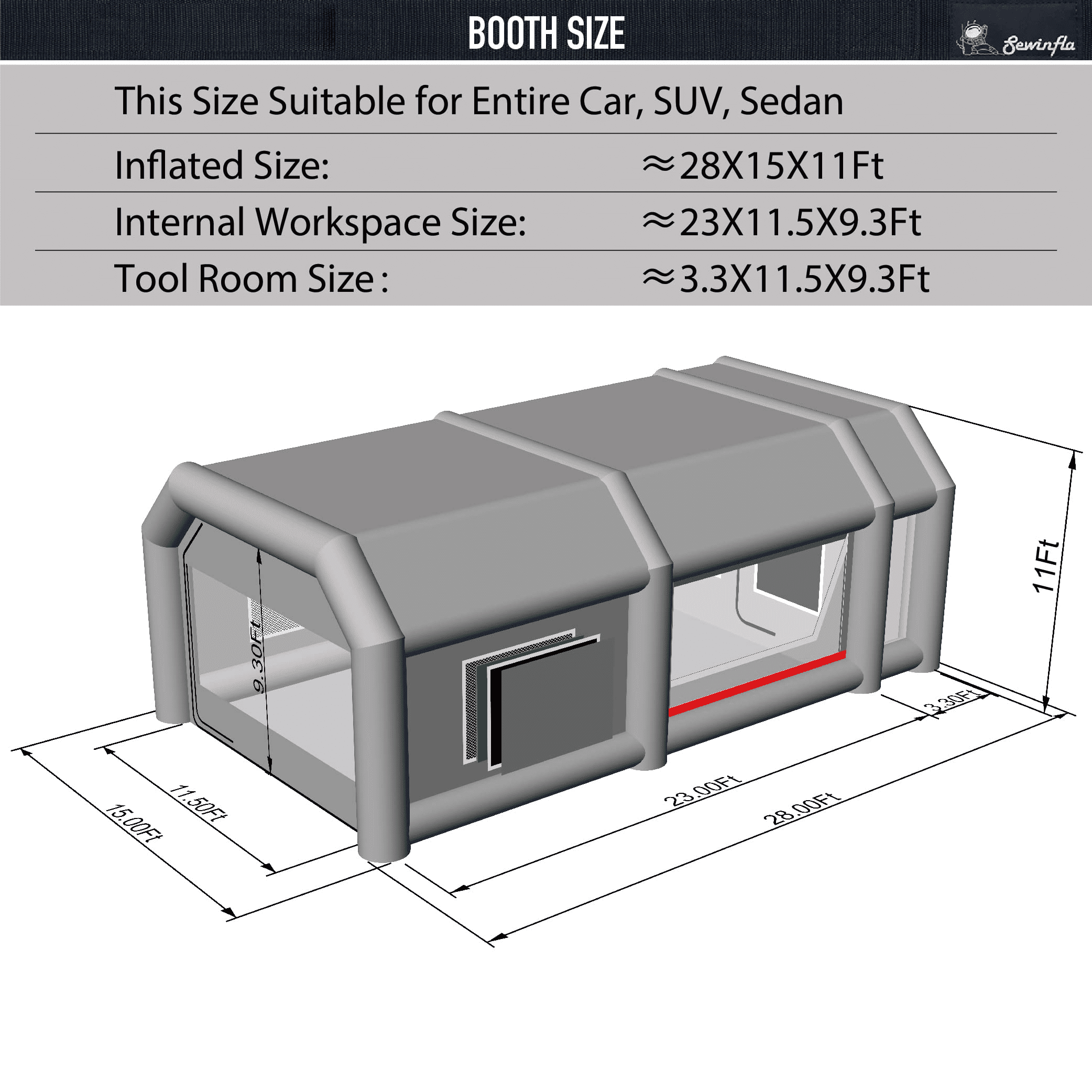 Sewinfla Inflatable Paint Booth 28x15x11Ft Portable Car PaintTent with 950W+750W