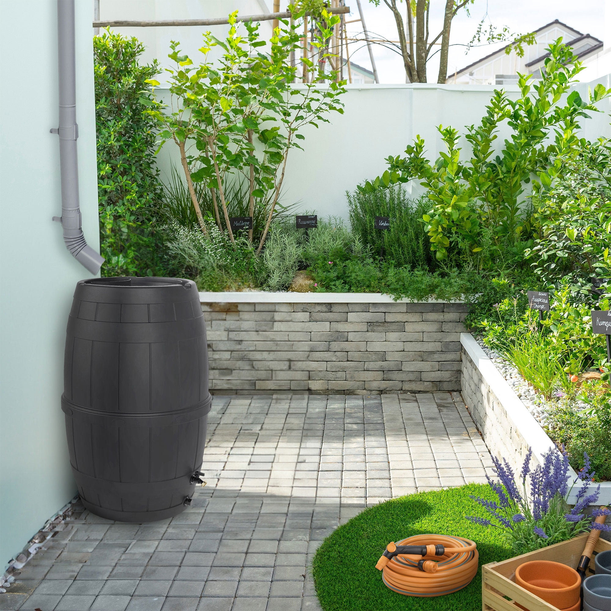 TierraVerde Knock Down Rain Barrel with Rust Proof Brass Spigot, 39 Gallon, Black